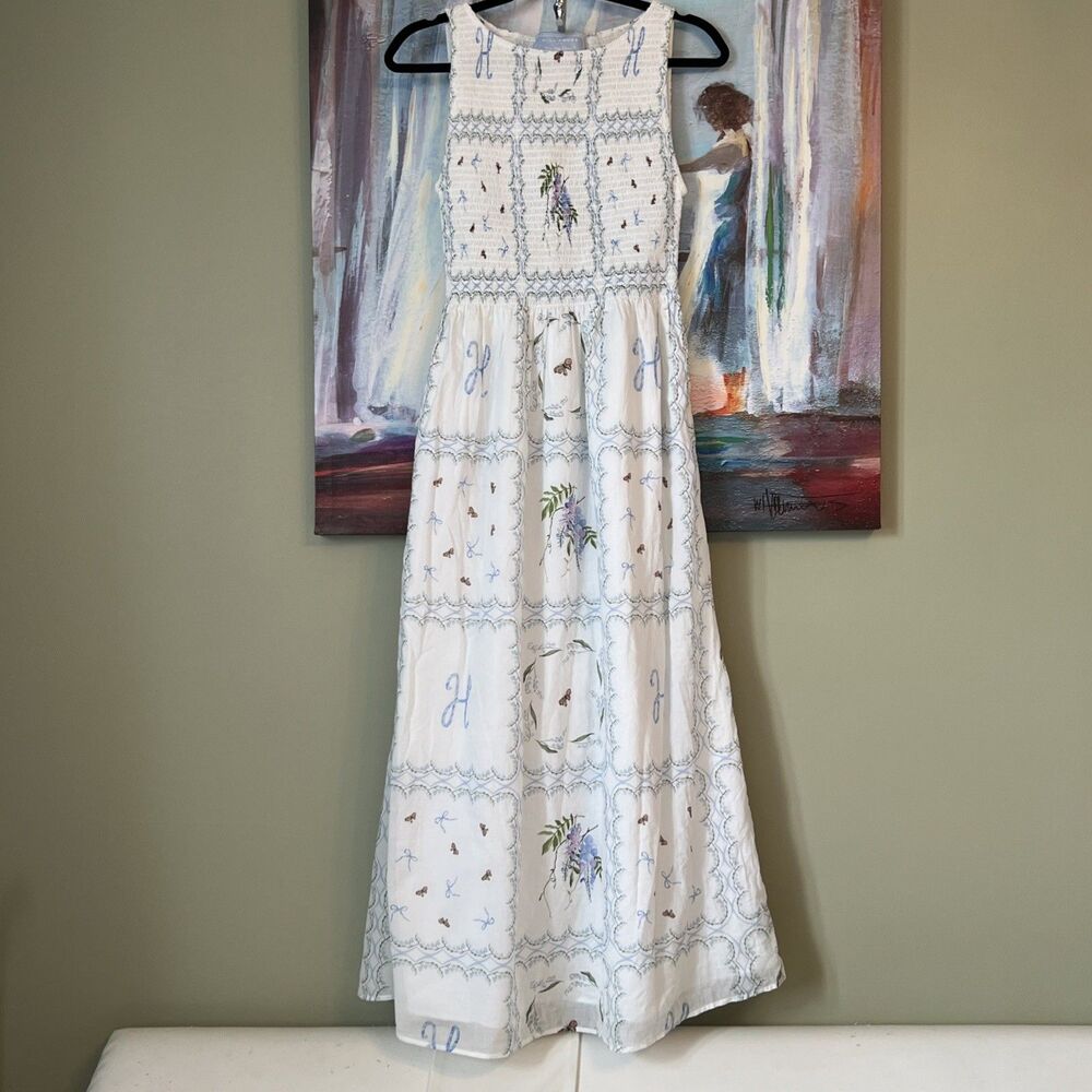 Hill House Home The Nap Dress Women's S Blue White Floral Smocked Midi Dress